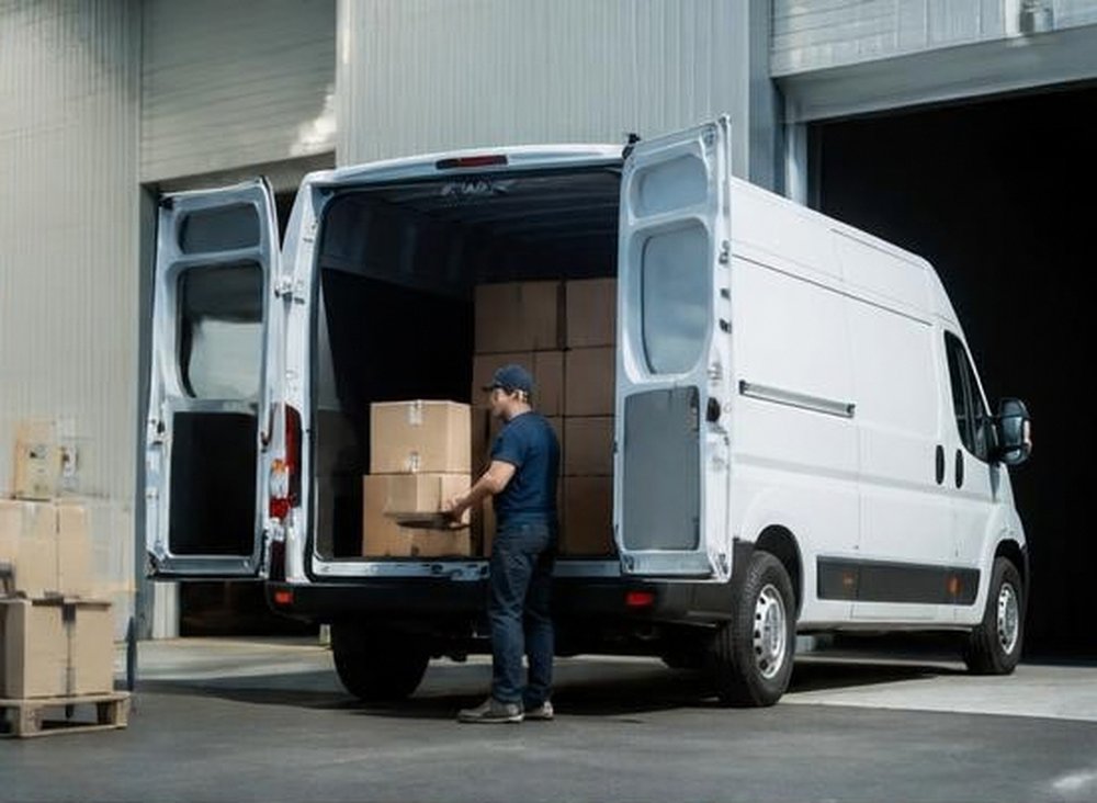 Cargo van being loaded at a warehouse dock