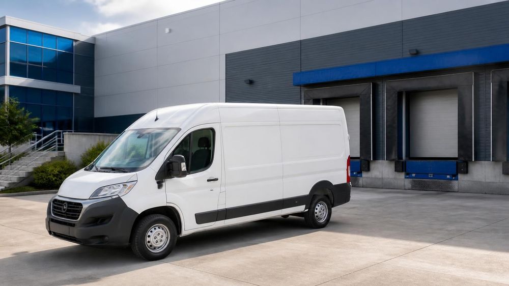 High-roof Sprinter-style van at a loading dock